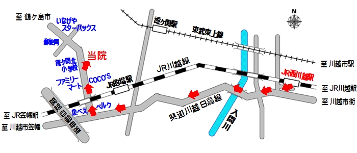 JR西川越駅から大蔵カイロプラクティック川越伊勢原整体院までの地図